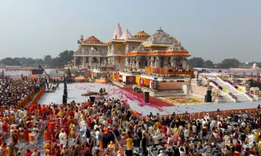 A general view of the audience during the opening of a temple dedicated to Hindu deity Lord Ram