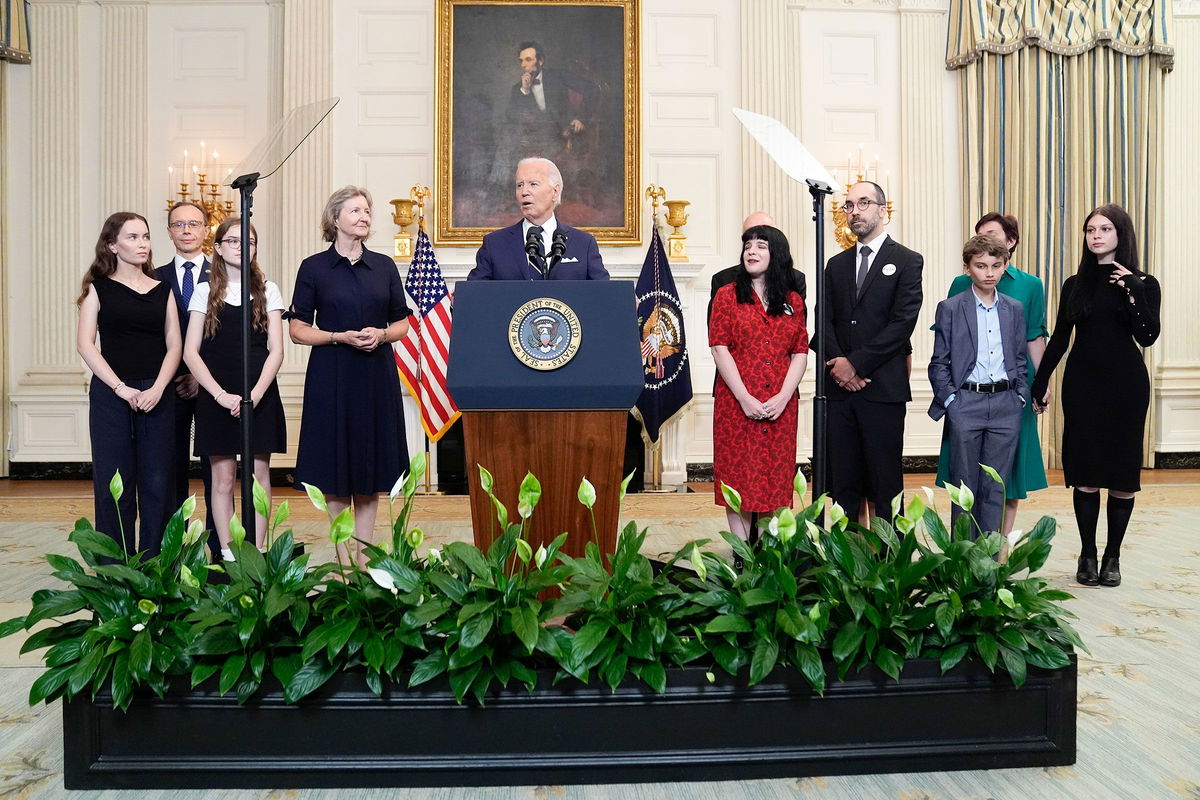 <i>Evan Vucci/AP via CNN Newsource</i><br/>President Joe Biden delivers remarks on a prisoner swap with Russia from the White House on August 1.