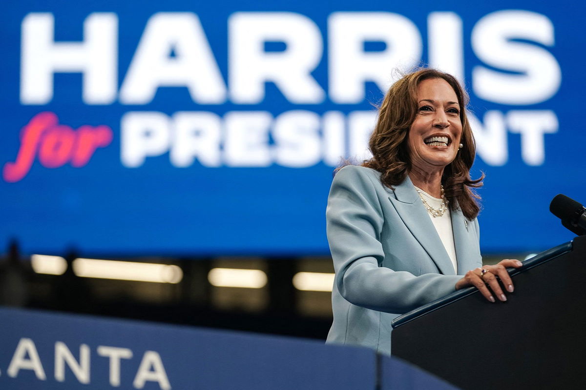 Vice President Kamala Harris speaks at a campaign rally in Atlanta on July 30. Harris has won enough votes from Democratic delegates to win the party’s nomination for president, DNC Chair Jaime Harrison announced August 2.