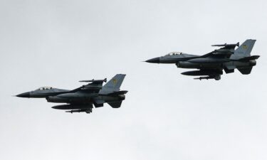 Ukrainian F-16 fighting aircrafts are seen in the air during marking the Day of the Ukrainian Air Forces