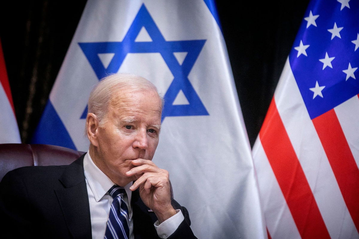 <i>Miriam Alster/Pool/AFP via Getty Images via CNN Newsource</i><br/>US President Joe Biden joins Israel's Prime Minister for the start of the Israeli war cabinet meeting