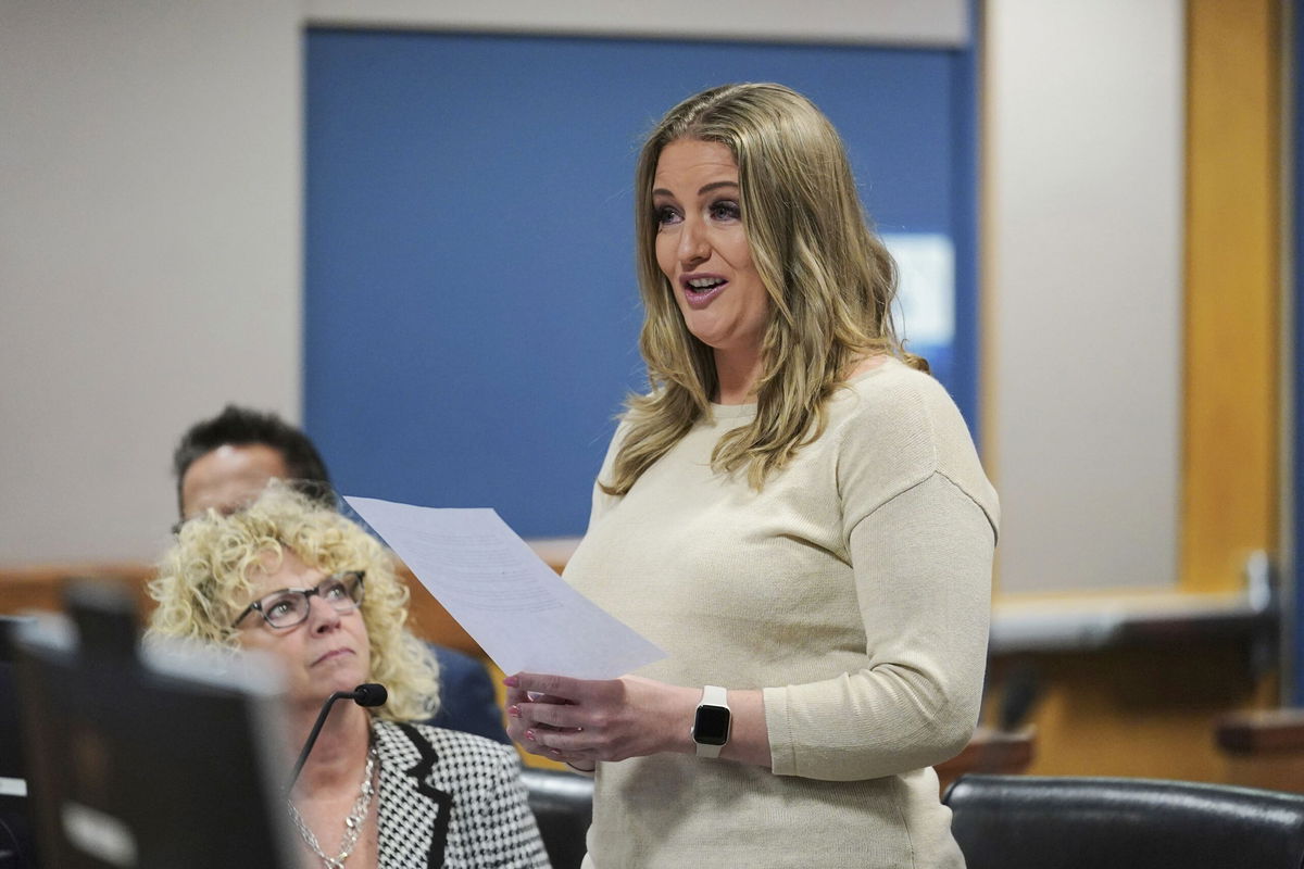 <i>John Bazemore/Pool/AP via CNN Newsource</i><br/>Jenna Ellis reads a statement inside Fulton Superior Court Judge Scott McAfee's Fulton County Courtroom in Oct. 2023