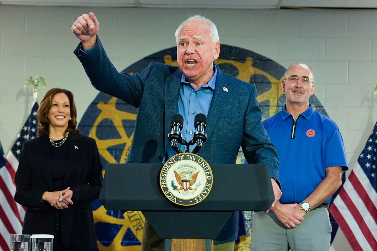 <i>Julia Nikhinson/AP via CNN Newsource</i><br/>Minnesota Gov. Tim Walz speaks at a campaign rally in Wayne