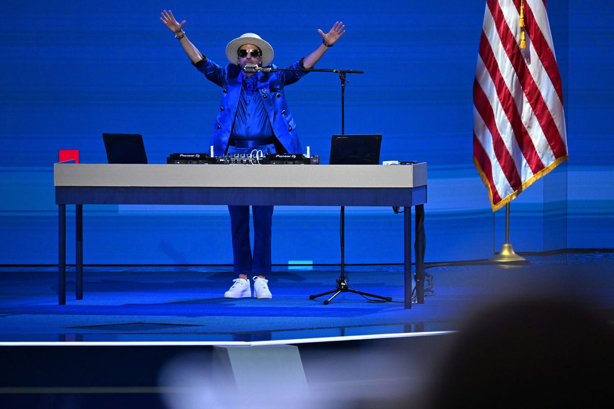 <i>Bernadette Tuazon/CNN via CNN Newsource</i><br/>DJ Cassidy performing at the 2024 Democratic National Convention in Chicago on August 20.