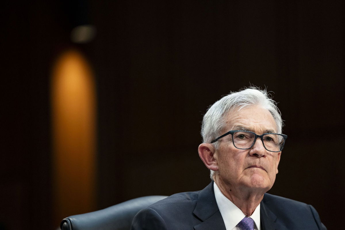 <i>Bonnie Cash/Getty Images via CNN Newsource</i><br/>Federal Reserve Chair Jerome Powell speaks during a Senate Banking