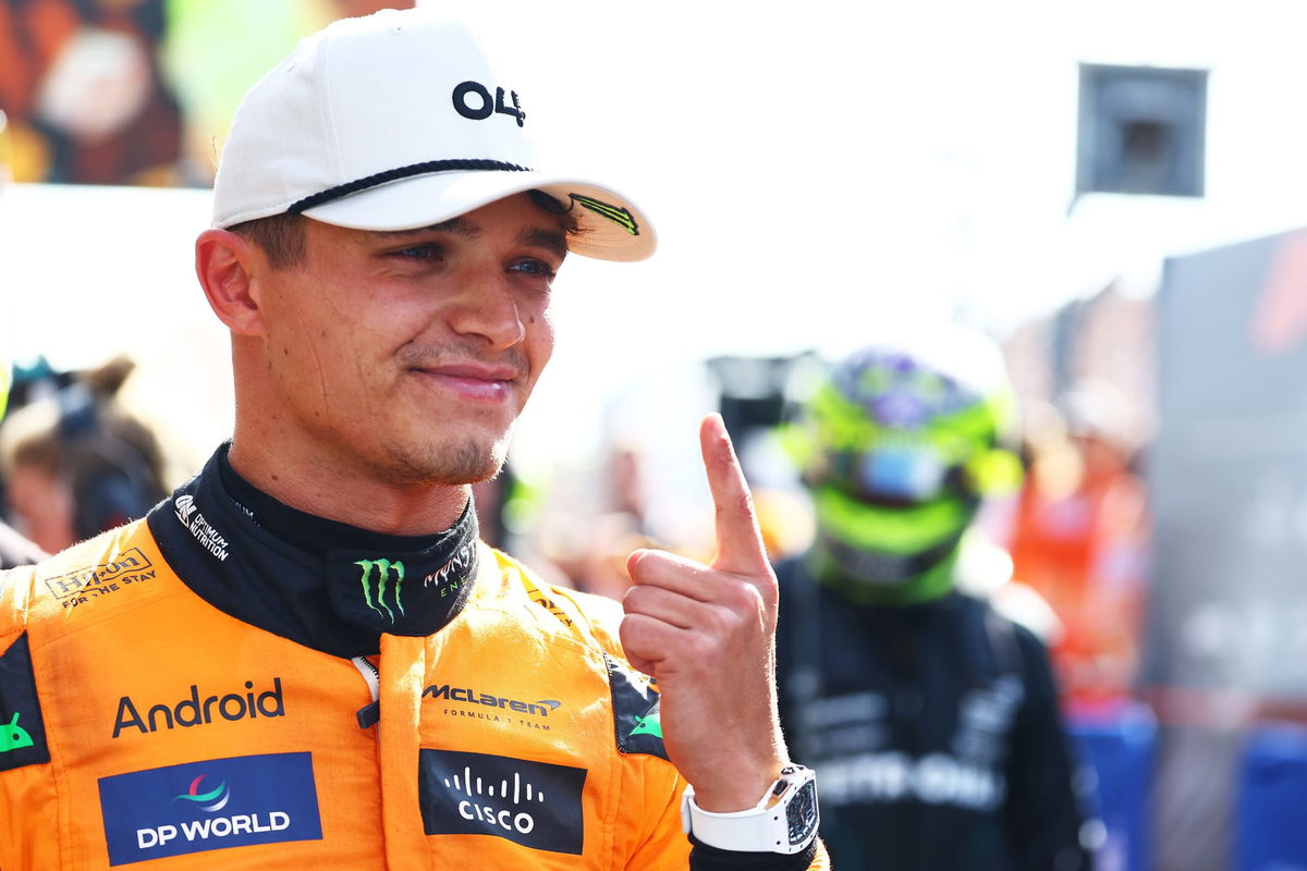 <i>Mark Thompson/Getty Images via CNN Newsource</i><br/>Lando Norris celebrates after his win in the Dutch Grand Prix.