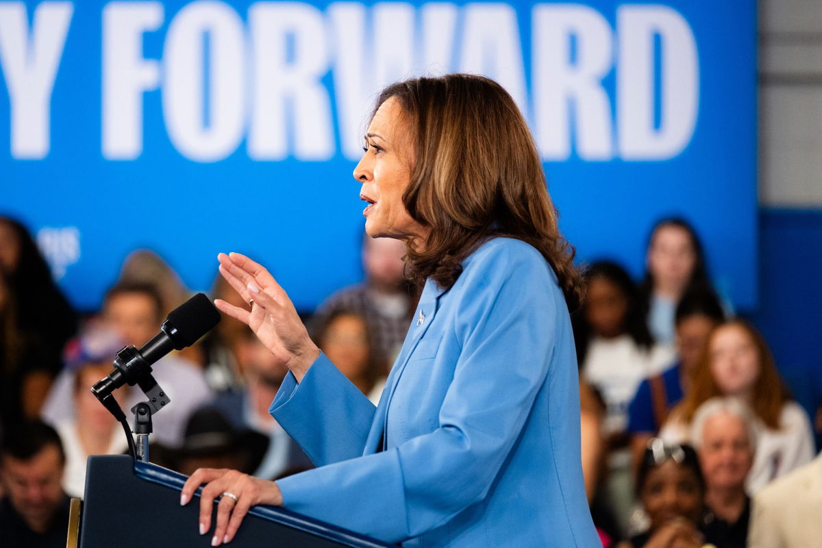 <i>Cornell Watson/The Washington Post/Getty Images via CNN Newsource</i><br/>Vice President Kamala Harris speaks to supporters in Raleigh