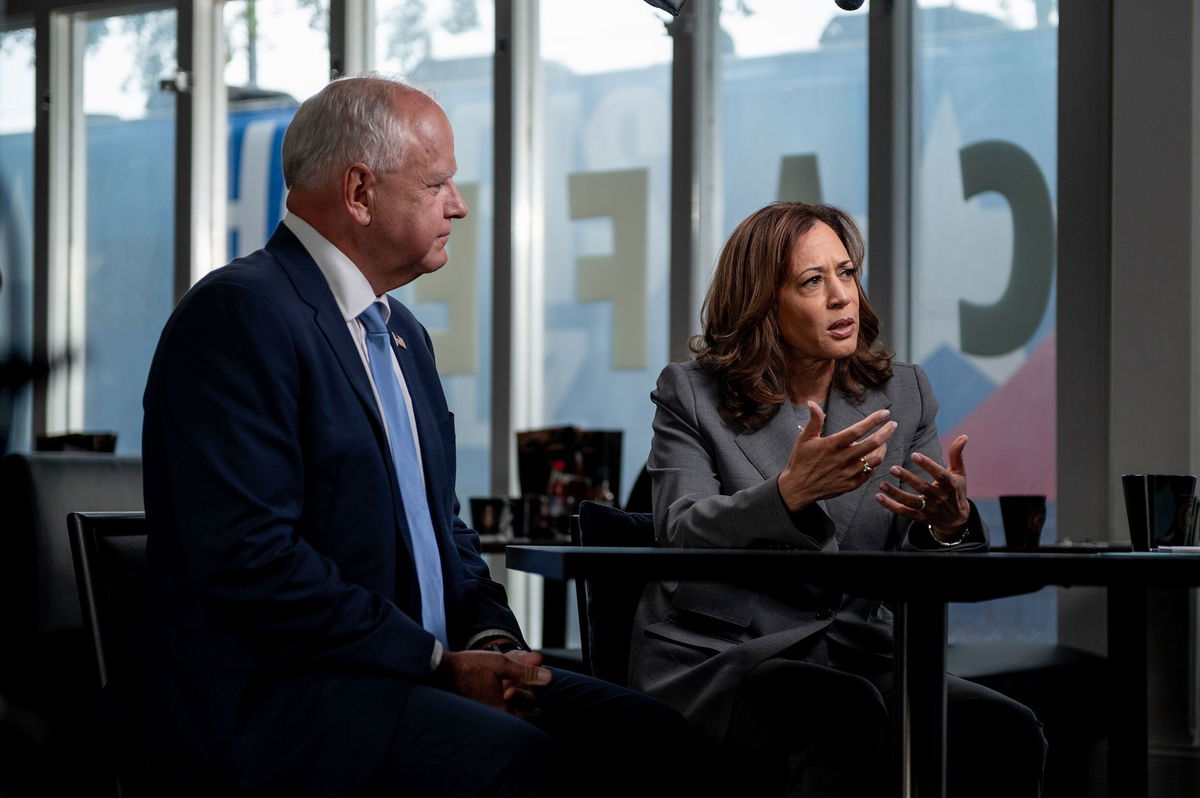 <i>Will Lanzoni/CNN via CNN Newsource</i><br/>Minnesota Gov. Tim Walz and US Vice President Kamala Harris sit for an interview with CNN’s Dana Bash on August 29