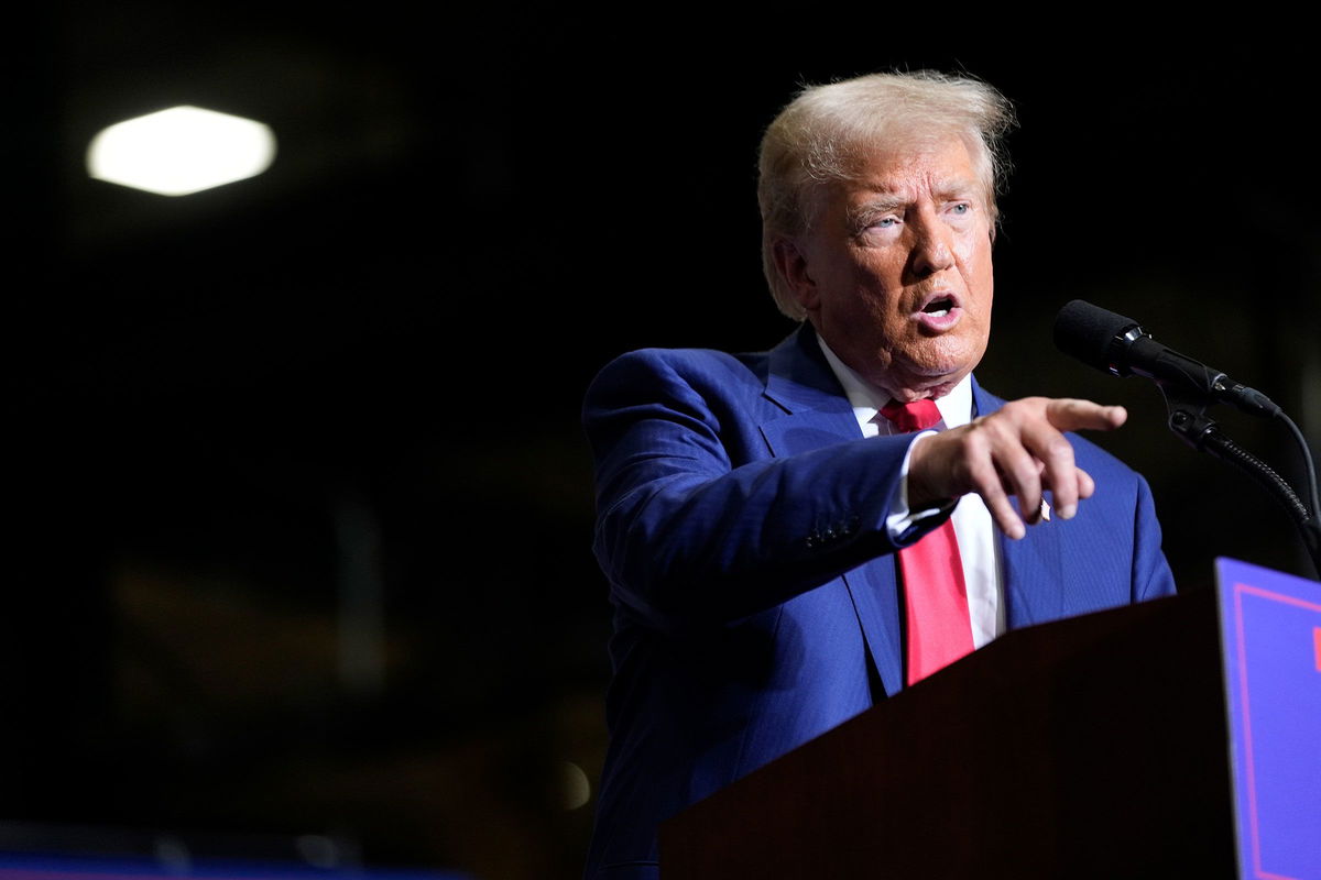 <i>Alex Brandon/AP via CNN Newsource</i><br/>Republican presidential nominee former President Donald Trump speaks during a campaign event at Alro Steel