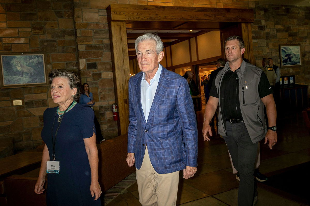 <i>Natalie Behring/Bloomberg/Getty Images via CNN Newsource</i><br/>Federal Reserve Chair Jerome Powell arrives to a dinner at the Jackson Lake Lodge during the Kansas City Fed's economic symposium in Moran