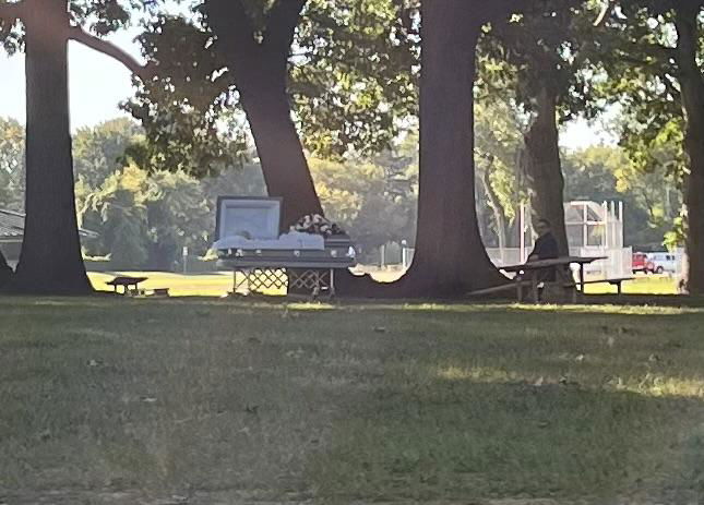 <i>WWJ via CNN Newsource</i><br/>A picture of an open casket on display at Butcher Park in Warren has gone viral on social media.