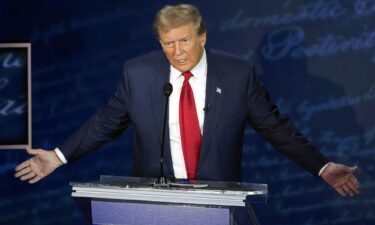 Republican presidential nominee former President Donald Trump speaks during a presidential debate with Democratic presidential nominee Vice President Kamala Harris at the National Constitution Center