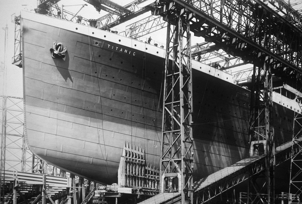 <i>Krista Few/Corbis/Getty Images via CNN Newsource</i><br/>The Titanic under construction at a Harland & Wolff shipyard in Belfast. The ship hit an iceberg and sank on her maiden voyage in April 1912.