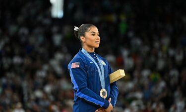 American gymnast Jordan Chiles poses during the women's floor exercise medal ceremony at the Paris 2024 Olympic Games.