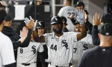 White Sox third baseman Bryan Ramos celebrates during his team's win against the Los Angeles Angels.