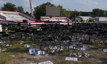 A campaign rally site for Republican presidential candidate former President Donald Trump is empty and littered with debris July 13 in Butler