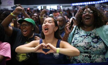 Supporters react as Vice President Kamala Harris speaks at a campaign rally in Savannah