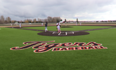 The Idaho Falls Tigers baseball team practices on its new field during a cloudy day.