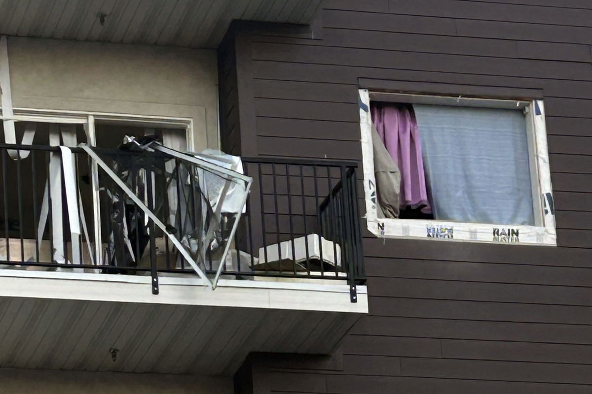 This image provided by the Lehi, Utah,  Police Department shows damage following an early morning explosion in a Utah apartment that injured two people and led to the temporary relocation of 90 families in the building because the sprinkler system was damaged, Tuesday, Oct. 22, 2024, in Lehi, Utah.