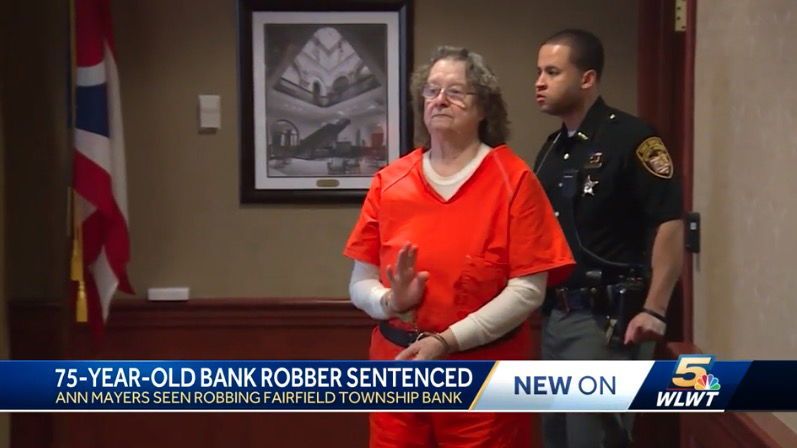 <i>WLWT via CNN Newsource</i><br/>A 75-year-old Hamilton woman has been sentenced after pleading guilty to robbing a bank in Fairfield Township back in April. Ann Mayers