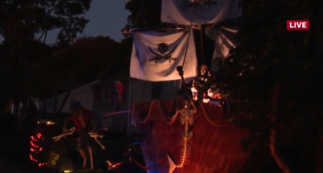 <i>WCVB via CNN Newsource</i><br/>Thirteen-year-old Ted Lahey turned his family's lawn in Waban into a massive pirate ship for Halloween