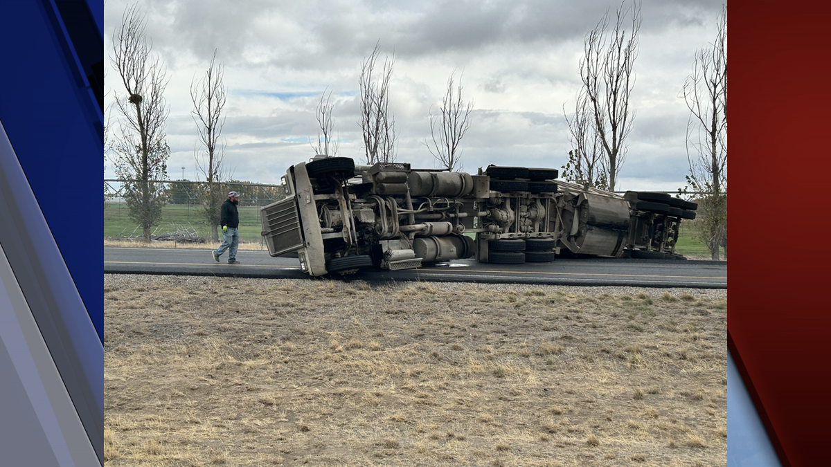 A truck rolled over on I-15 north of Idaho Falls on October 17, 2024. 