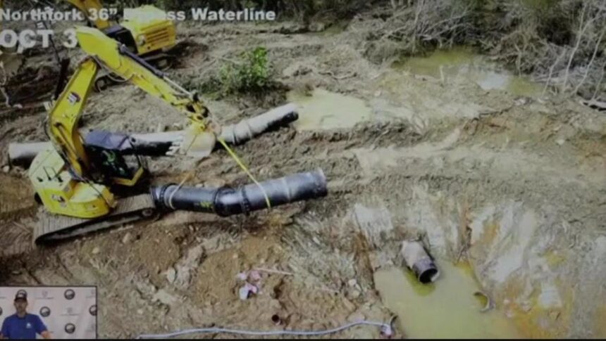 <i>City of Asheville via WLOS via CNN Newsource</i><br/>Drone images show storm damage to Asheville's water system in the Northfork waterline.