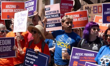 Abortion rights supporters demonstrate in Phoenix during a recess from a legislative session at the Arizona House of Representatives on April 17.