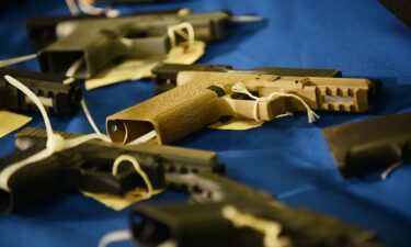 Ghost guns that were secured by the DC Metropolitan Police Department are on display during a press conference held by Mayor Muriel Bowser on Washington