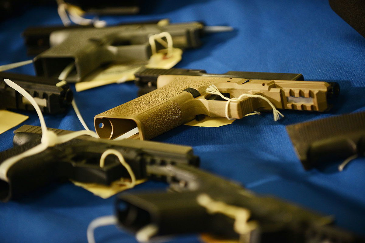 <i>Astrid Riecken/The Washington Post/Getty Images/FILE via CNN Newsource</i><br/>Ghost guns that were secured by the DC Metropolitan Police Department are on display during a press conference held by Mayor Muriel Bowser on Washington