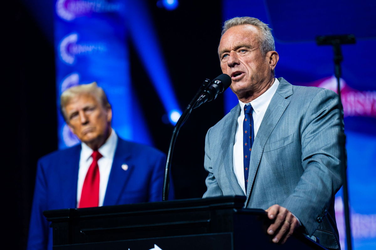 <i>Jabin Botsford/The Washington Post/Getty Images via CNN Newsource</i><br/>Robert F. Kennedy Jr. speaks with Republican presidential nominee former President Donald Trump at a Turning Point Action Rally in Duluth