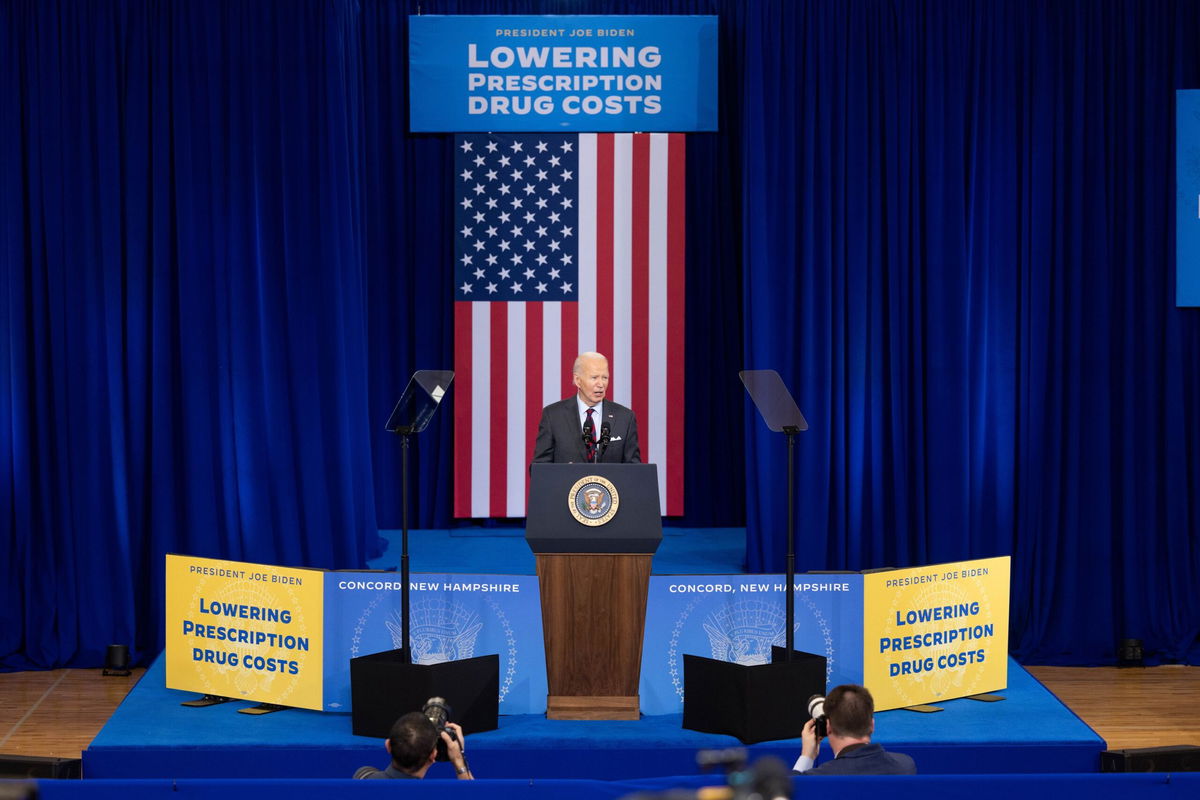 <i>Scott Eisen/Getty Images via CNN Newsource</i><br/>President Joe Biden delivers remarks at NHTI Concord Community College on October 22