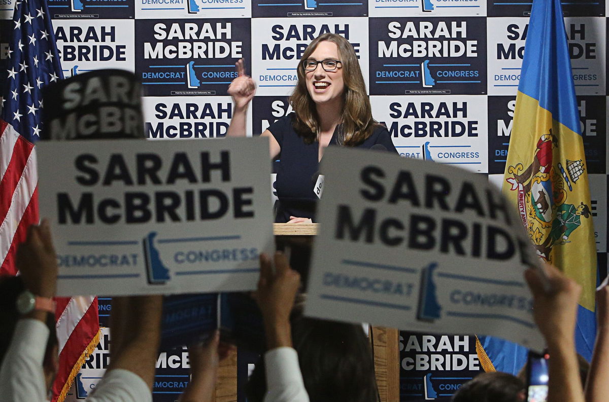 <i>Damian Giletto/Delaware News Journal/USA Today Network/Imagn Images via CNN Newsource</i><br/>Sarah McBride speaks to supporters after winning the Democratic primary for US House of Representatives on September 10.