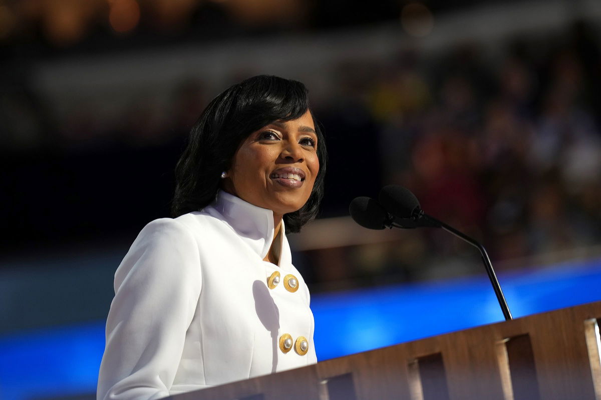 <i>Andrew Harnik/Getty Images via CNN Newsource</i><br/>Maryland Democratic Senate candidate Angela Alsobrooks speaks on stage during the second day of the Democratic National Convention at the United Center on August 20 in Chicago.