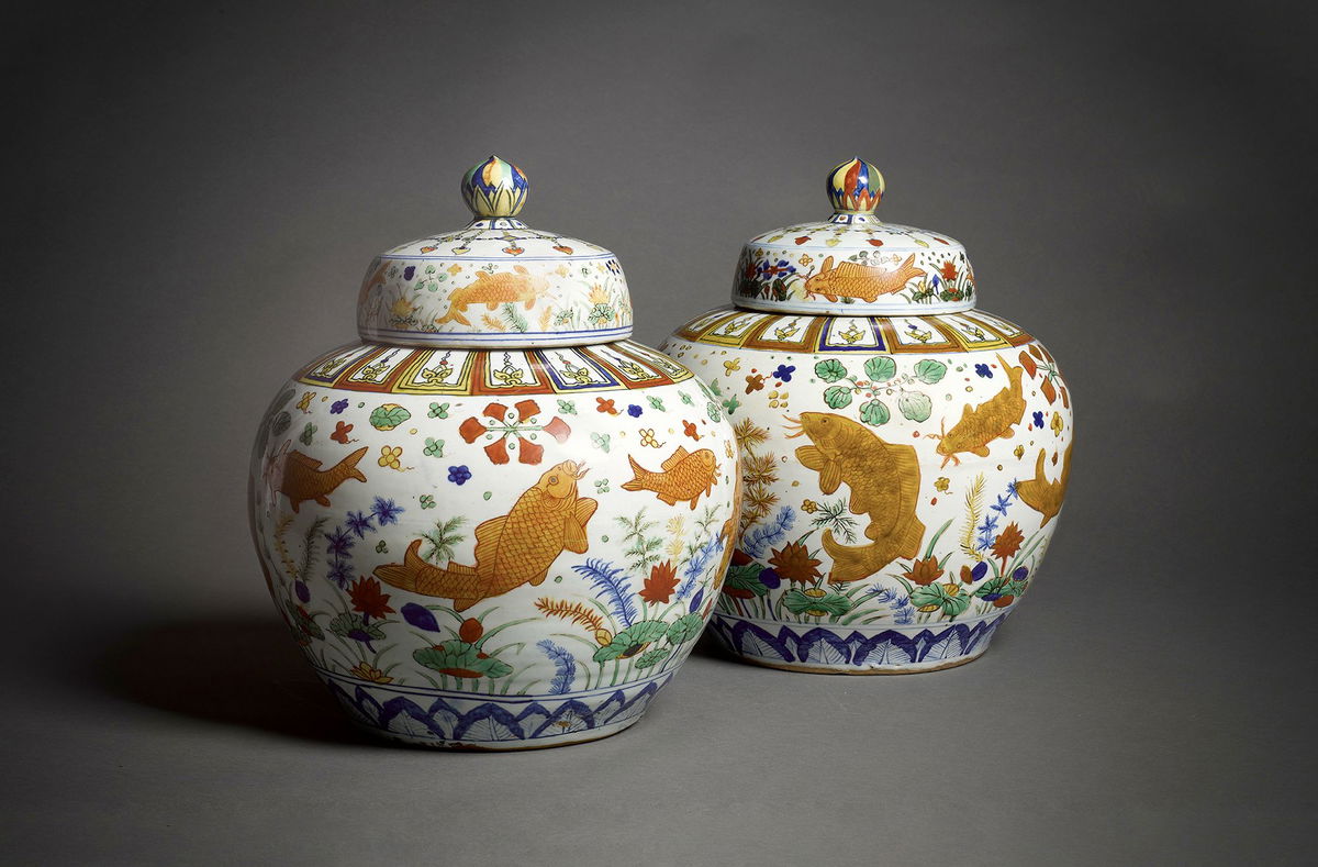 <i>Sotheby’s via CNN Newsource</i><br/>A magnificent and exceptionally rare pair of fish jars and covers.