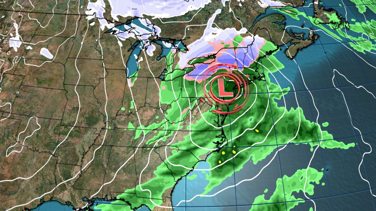 <i>CNN Weather via CNN Newsource</i><br/>One forecast scenario has a potent storm rolling through the Northeast on Thursday afternoon.