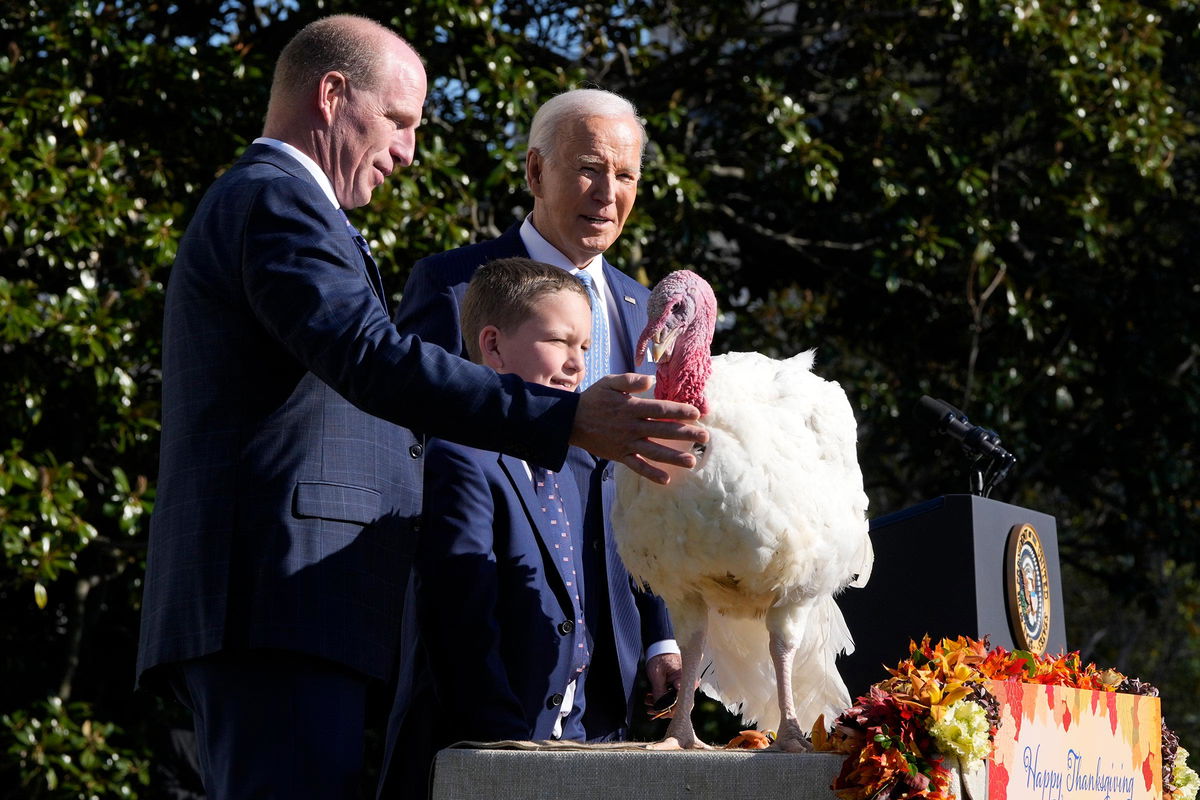 President Joe Biden is pictured after pardoning the national Thanksgiving turkey Peach during a ceremony on the South Lawn of the White House in Washington, DC, on November 25.