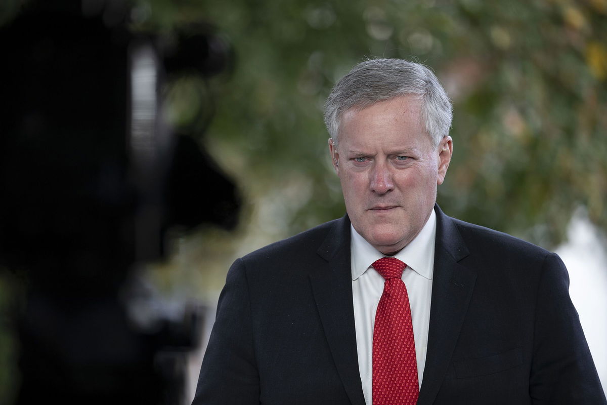 <i>Tasos Katopodis/Getty Images/File via CNN Newsource</i><br/>White House Chief of Staff Mark Meadows talks to reporters at the White House on October 21