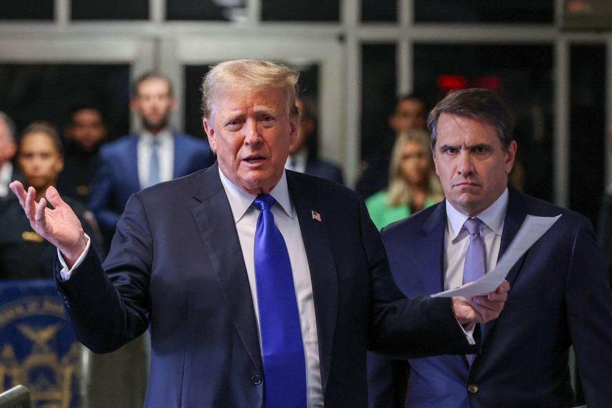 <i>Michael M. Santiago/Getty Images via CNN Newsource</i><br/>Former President Donald Trump speaks alongside his attorney Todd Blanche as he arrives for his hush money trial at Manhattan Criminal Court on May 30 in New York City.