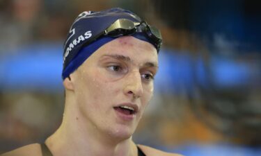 Transgender woman Lia Thomas of the University of Pennsylvania talks to a reporter after winning the 500-yard freestyle at the NCAA Division I Women's Swimming & Diving Championshipon on March 17