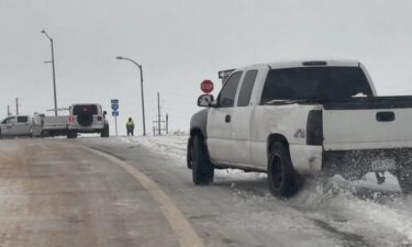 A truck spins out on an Interstate 70 ramp in eastern Colorado on Thursday.