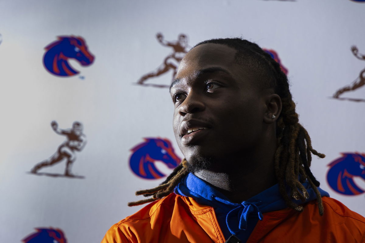 Heisman Trophy finalist Ashton Jeanty, of Boise State, speaks during a college football media availability, Friday, Dec. 13, 2024, in New York. (AP Photo/Corey Sipkin)