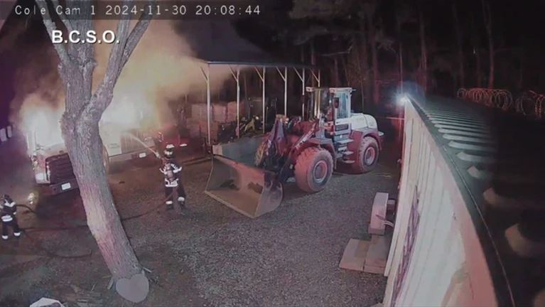 <i>WLOS via CNN Newsource</i><br/>New surveillance video has been released by the Buncombe County Sheriff’s Office as deputies search for a suspect after two commercial trucks were set on fire at a Weaverville business the night of Saturday