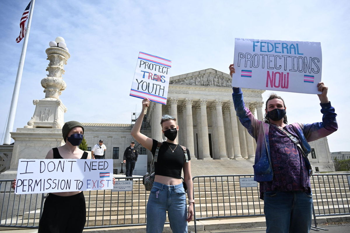 Activists for transgender rights gather in front of the US Supreme Court in Washington, DC on April 1, 2023.