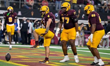 Arizona State running back Cam Skattebo celebrates one of his two touchdowns Saturday.