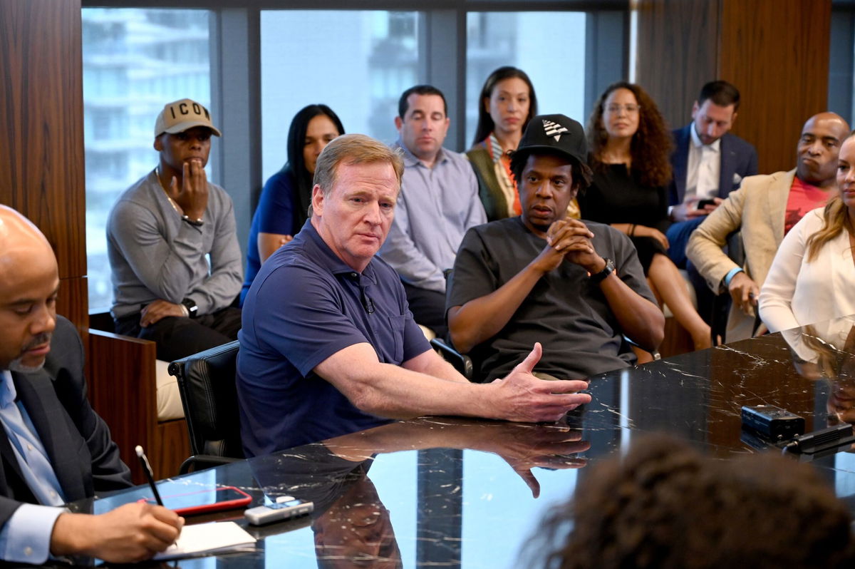 <i>Kevin Mazur/Getty Images via CNN Newsource</i><br/>NFL Commissioner Roger Goodell and businessman and rapper Jay-Z in New York in 2019.