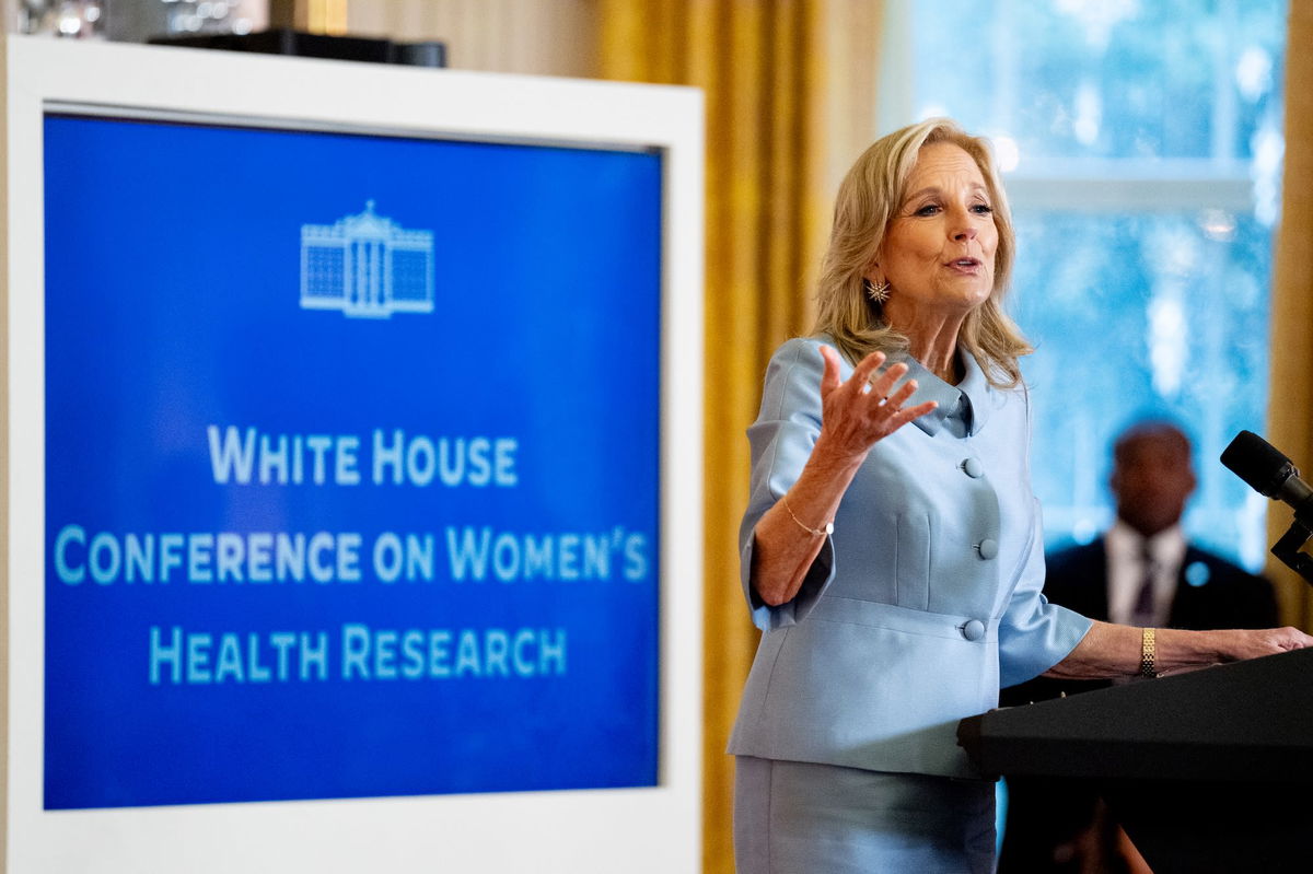 <i>Andrew Harnik/Getty Images via CNN Newsource</i><br/>First lady Jill Biden speaks during the first White House conference on women's health research in the East Room of the White House on December 11 in Washington D.C.