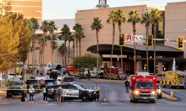 A Las Vegas Metropolitan Police Department vehicle blocks the road near the Trump International Hotel and Tower Las Vegas after a Tesla Cybertruck exploded in front of the entrance on January 1.