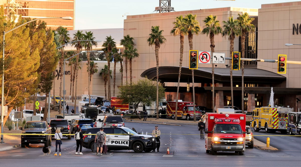 <i>Ethan Miller/Getty Images via CNN Newsource</i><br/>A Las Vegas Metropolitan Police Department vehicle blocks the road near the Trump International Hotel and Tower Las Vegas after a Tesla Cybertruck exploded in front of the entrance on January 1.