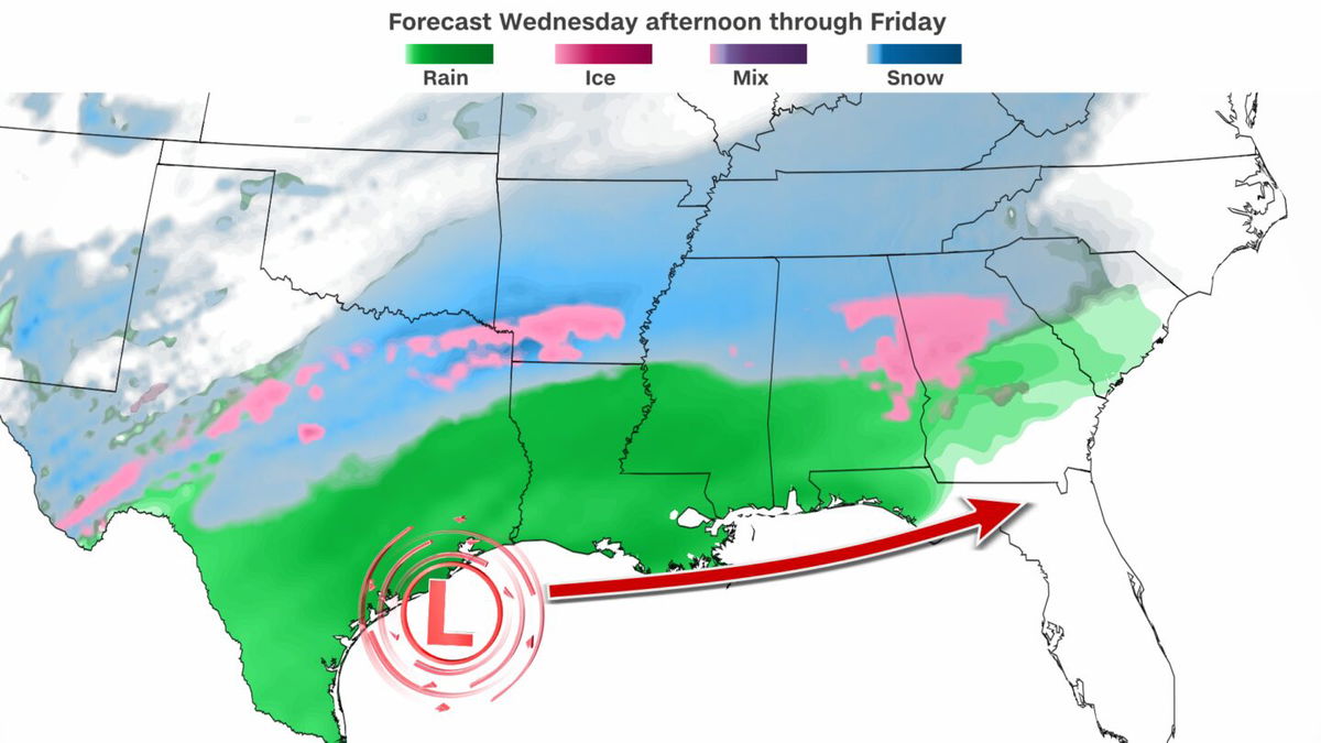 <i>CNN Weather via CNN Newsource</i><br/>A winter storm will impact the South this week. The exact precipitation forecast is still coming into focus but it's likely snow